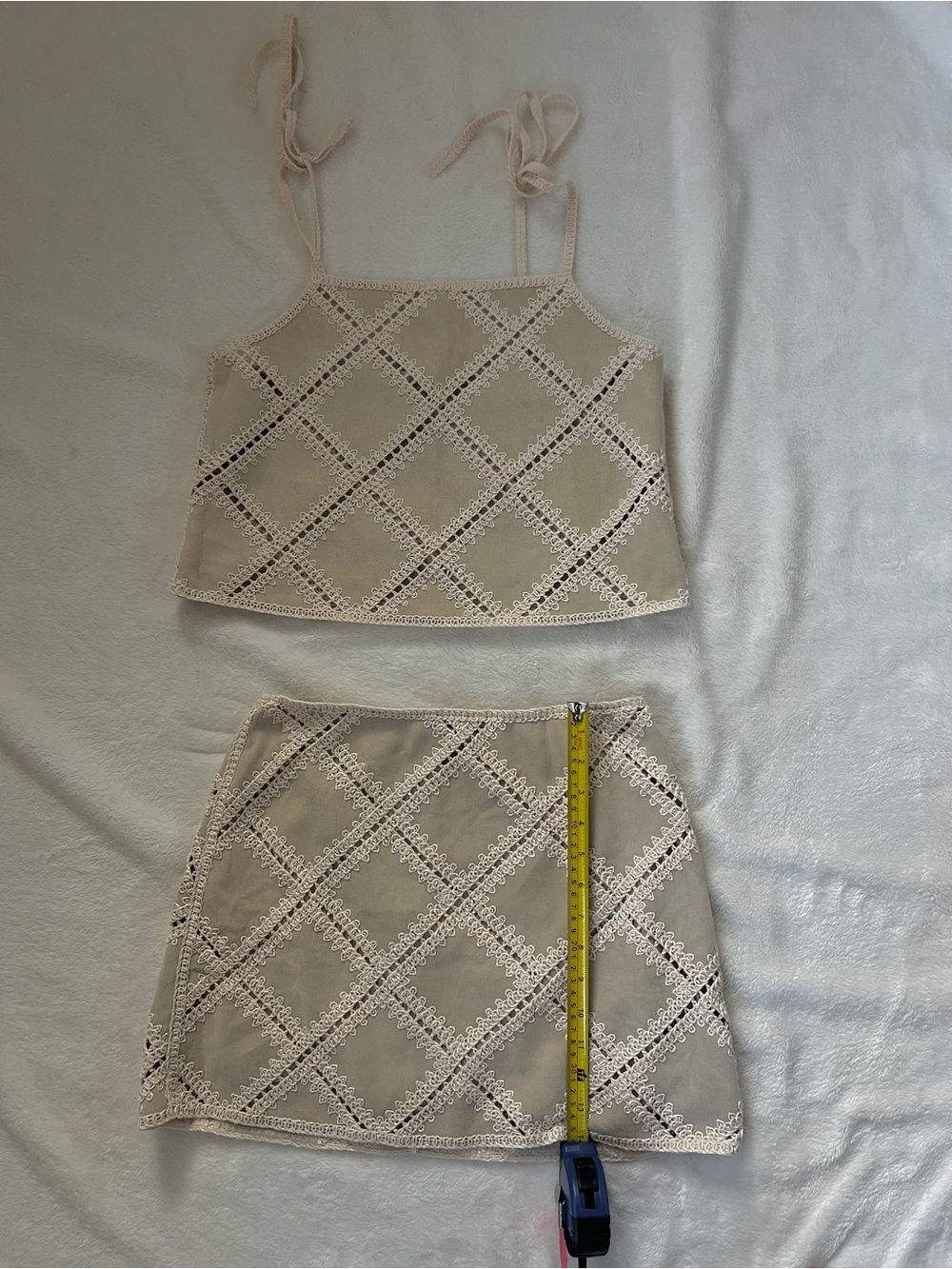 Zara Patchwork Strappy Top Geometric Set in Beige Size Small, Skirt Med